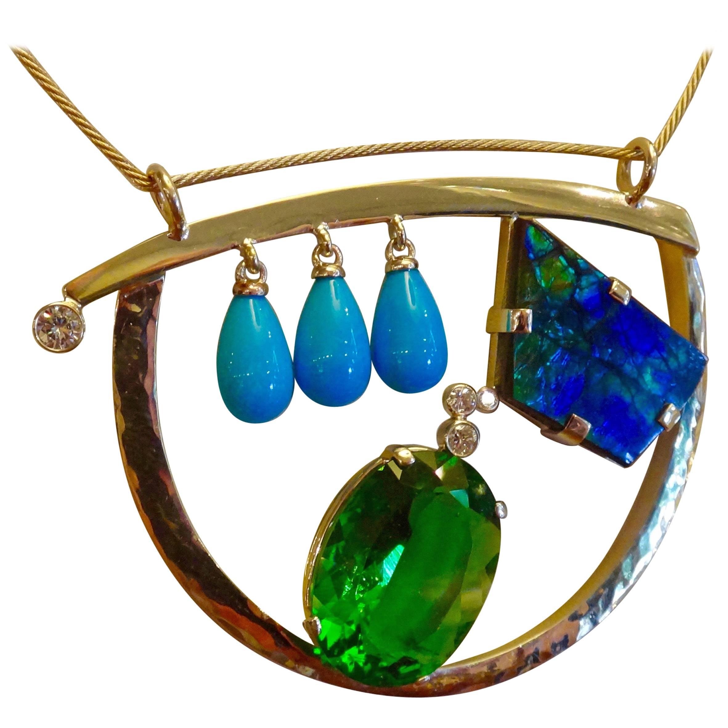 Michael Kneebone Ammonite Modavite Turquoise Diamond Gold Pendant
