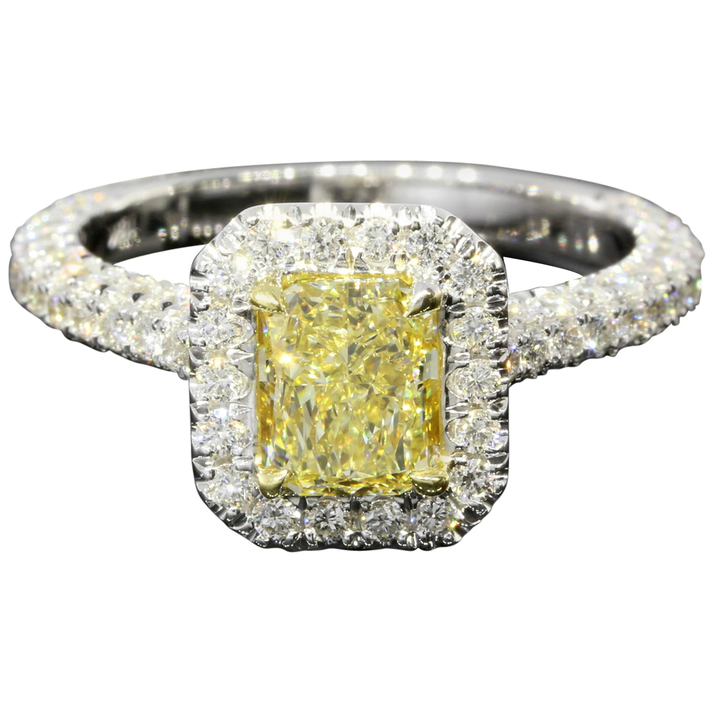 GIA Certified Canary Yellow Radiant Diamond Gold Halo Engagement Ring