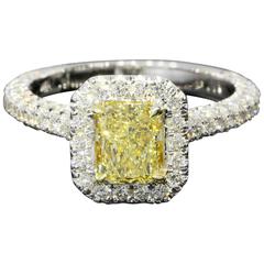 GIA Certified Canary Yellow Radiant Diamond Gold Halo Engagement Ring