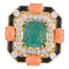 4.03 Carat Emerald Carving Coral Diamond and Black Enamel Ring