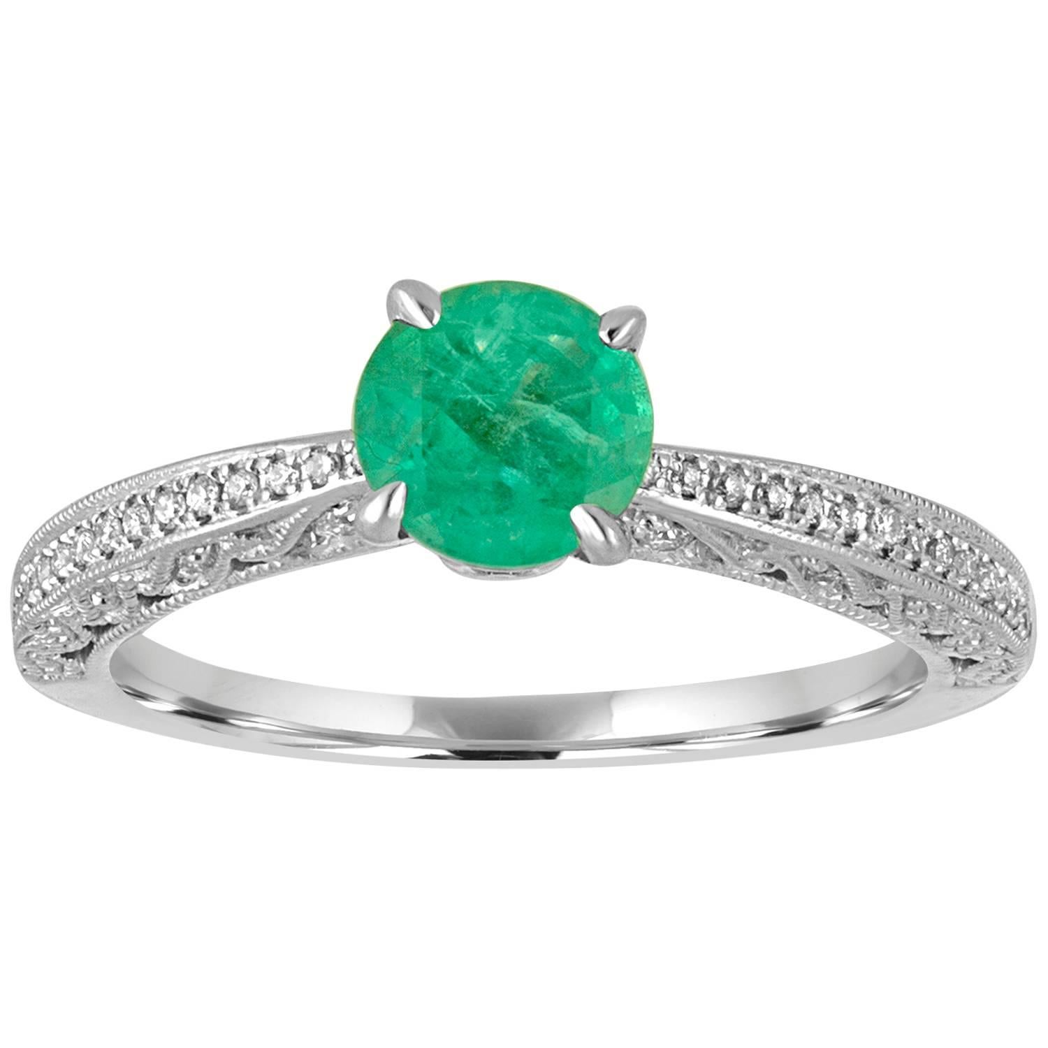 0.72 Carats Emerald Diamond Gold Milgrain Ring