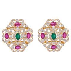 4.07 Carat Ruby Emerald and Diamond 18kt Yellow Gold Stud Earrings