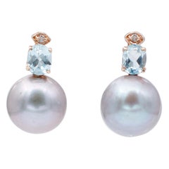 Grey Pearls, Aquamarine, Diamonds, 14 Karat Rose Gold Stud Earrings