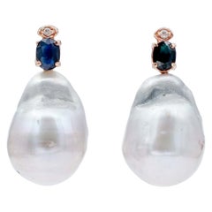 Grey Baroque Pearls, Sapphires, Diamonds, 14 Karat Rose Gold Earrings
