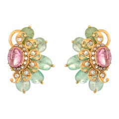 22.16 Carat Emerald Pink Tourmaline and Diamond 18kt Yellow Gold Stud Earrings
