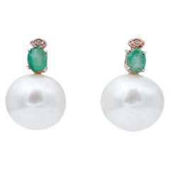 Pearls, Emeralds, Diamonds, 14 Karat Rose Gold Stud Earrings