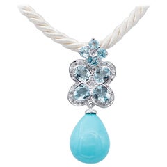Turquoise, Aquamarine, Diamonds, 14 Karat White Gold Pensant Necklace