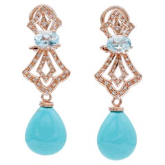 Turquoise, Aquamarine, Diamonds, 14 Karat Rose Gold Dangle Earrings