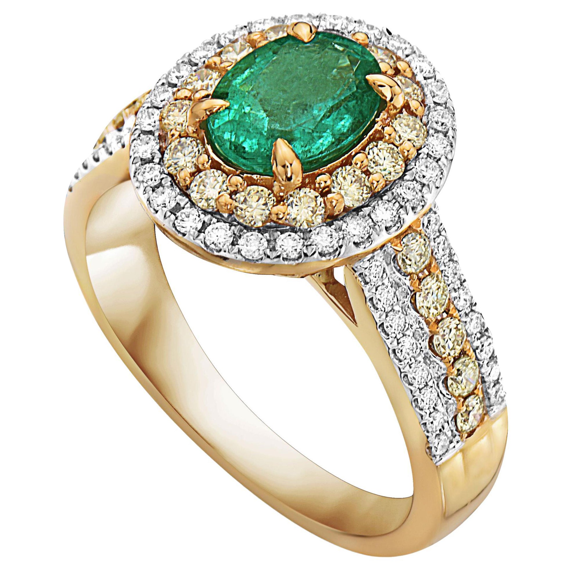 0.95 Carat Oval Emerald & Diamond Ring in 14KT Yellow Gold For Sale