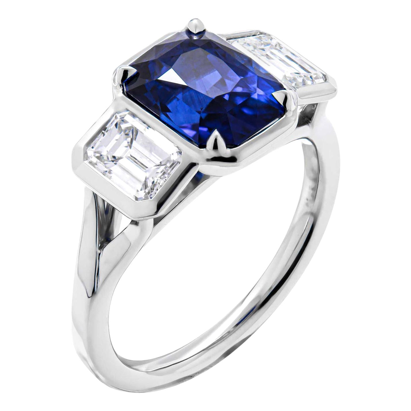 GIA Certified 3 Stone Ring with 3.31ct Blue Sapphire For Sale