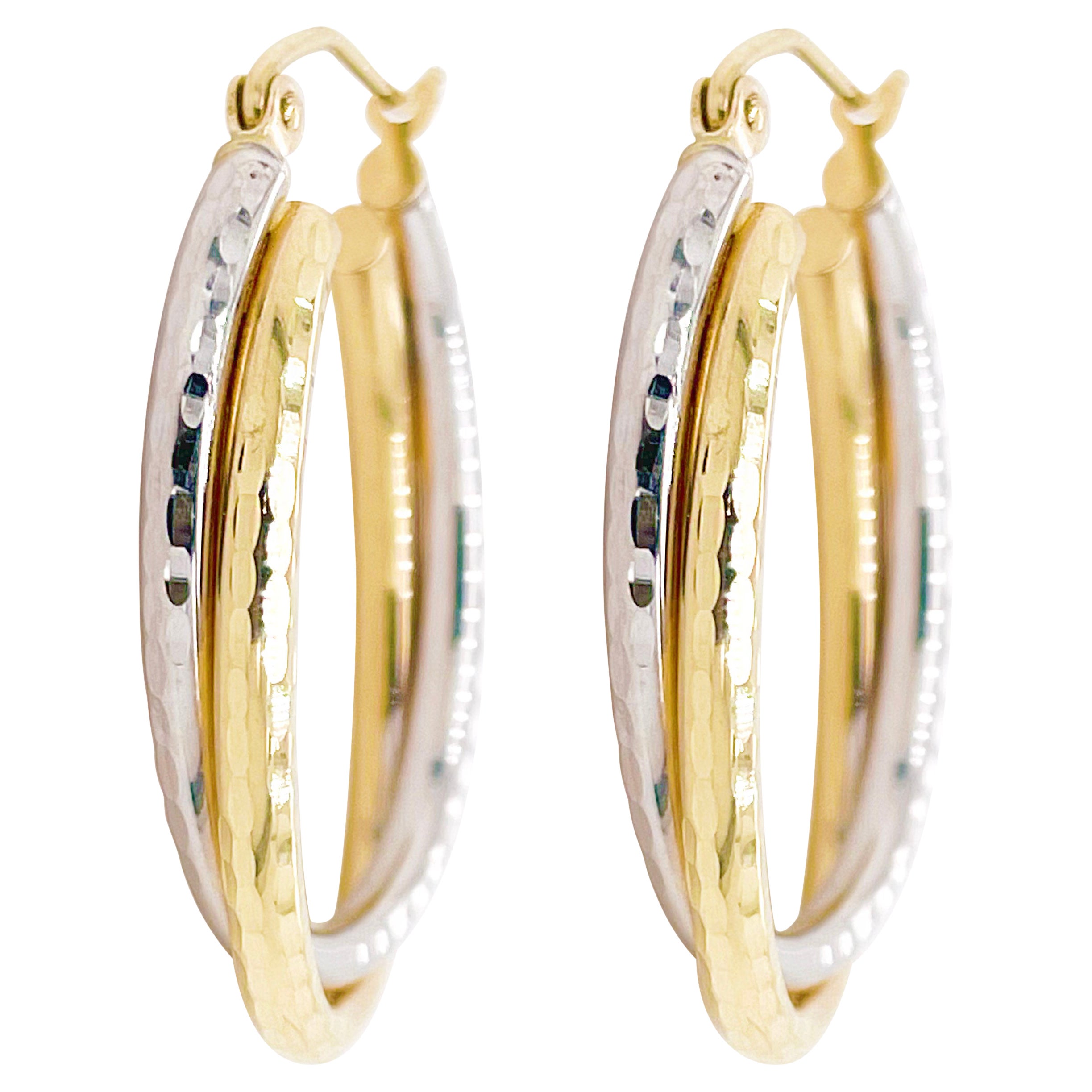 Two-Tone Earrings Hammered Oval Hoop Earrings, Mixed Metal Hoops For Sale