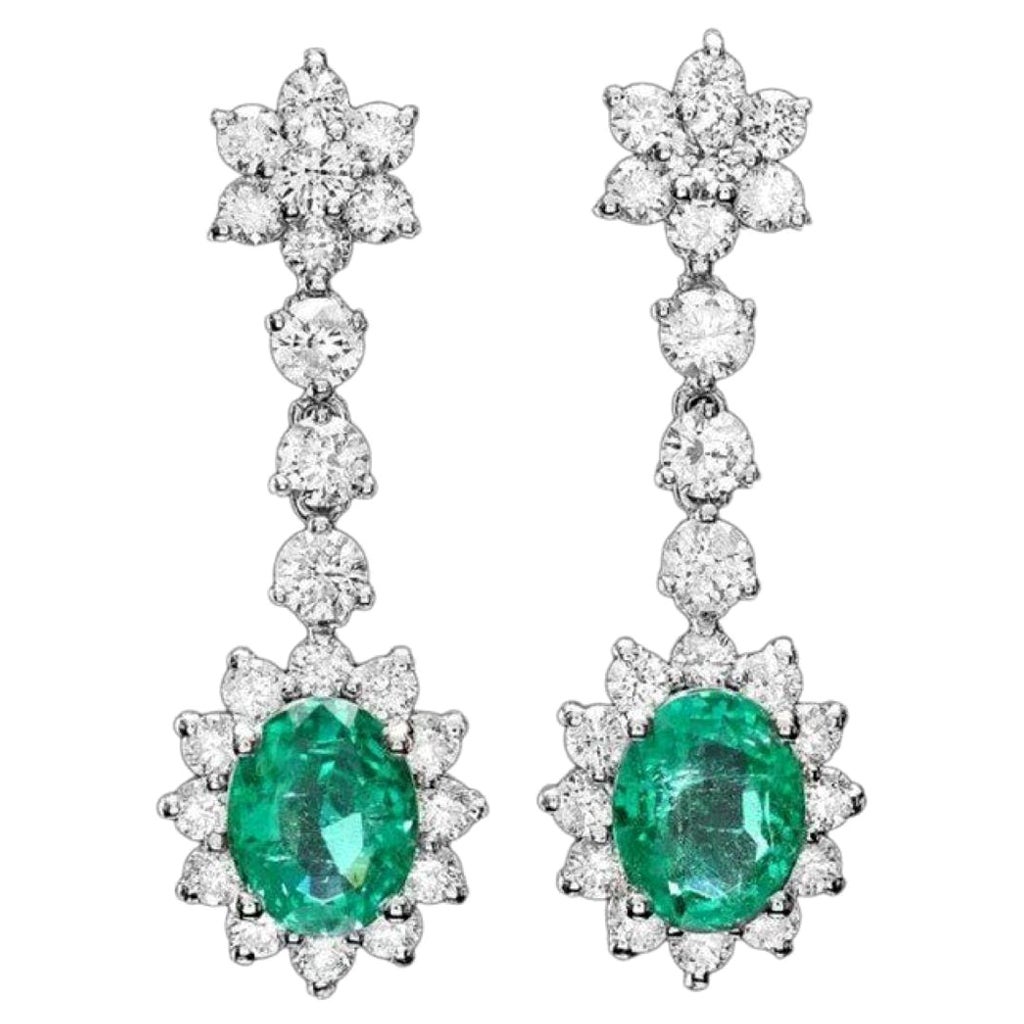 7.00ct Natural Emerald and Diamond 14K Solid White Gold Earrings For Sale
