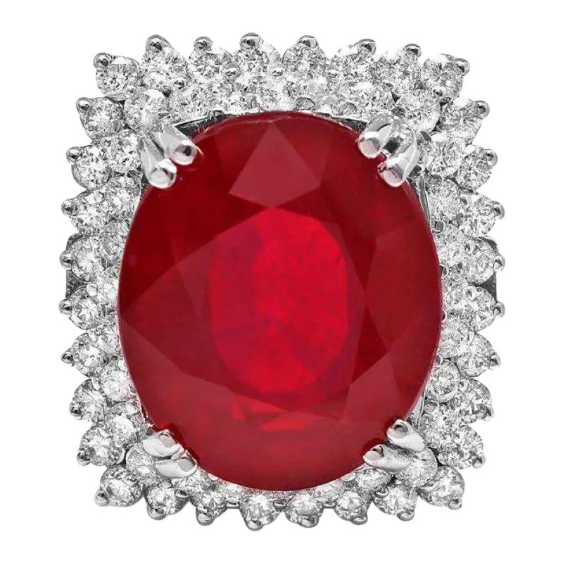 18.80 Carats Natural Red Ruby and Diamond 14K Solid White Gold Ring For Sale