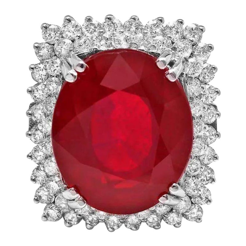 18.80 Carats Natural Red Ruby and Diamond 14K Solid White Gold Ring