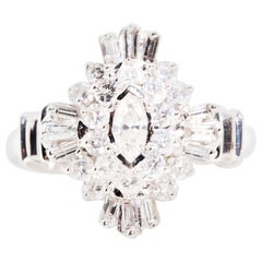 Marquise Baguette Brilliant Diamond Vintage Cluster Ring 14 Carat White Gold