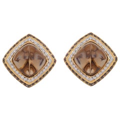 17.63 Carat Smokey Quartz and Diamond 18kt Yellow Gold Stud Earrings