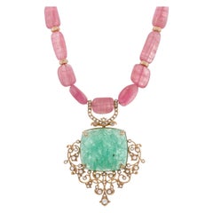 90.26 Carat Emerald Pink Tourmaline and Diamond 18kt Yellow Gold Necklace