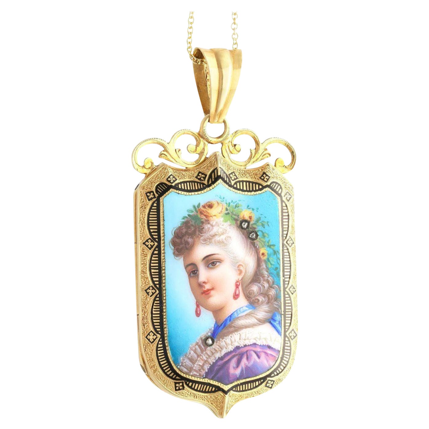 Antique Diamond Enamel and 18k Yellow Gold Pendant / Locket, circa 1865