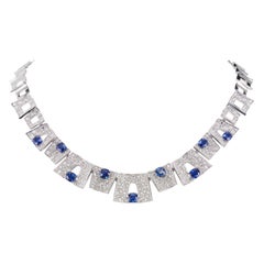 Rose Cut Diamond & Cushion Blue Sapphire Art Deco Necklace in 18k White Gold 