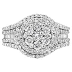 14K White Gold 1 1/2 Carat Diamond Floral Cluster and Studded Shank Halo Ring