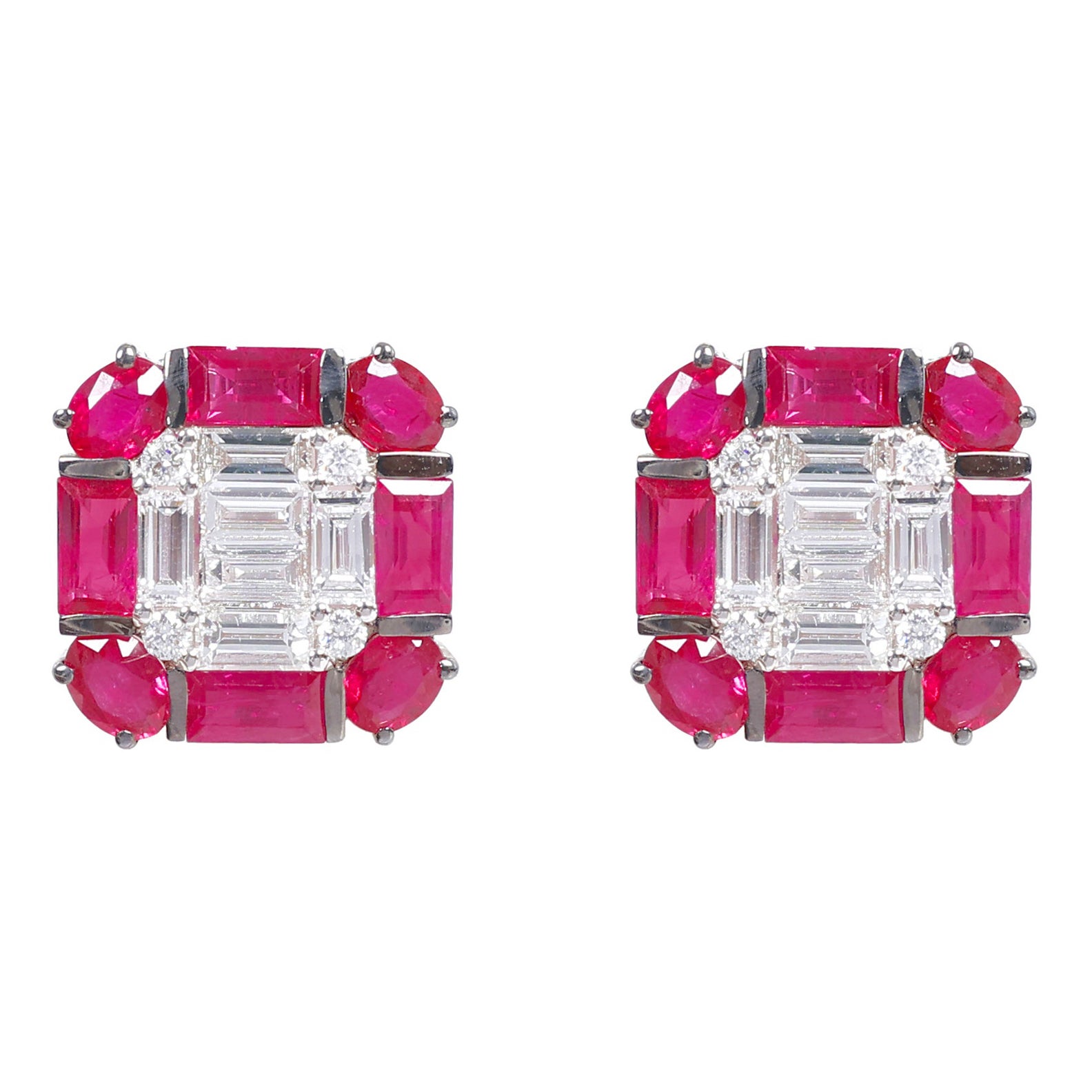 18 Karat Gold 4.81 Carat Diamond and Ruby "Invisible-Set" Stud Earrings For Sale