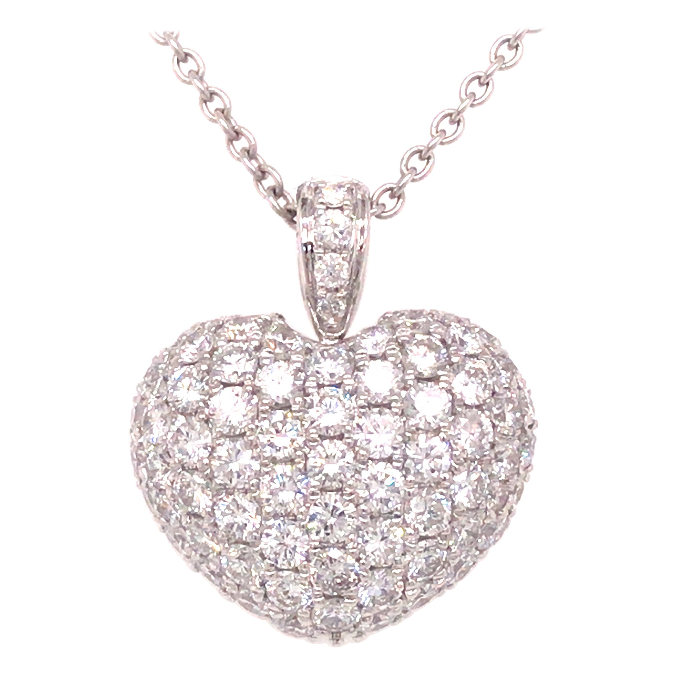 18K Diamond Pave Puff Heart Pendant White Gold For Sale