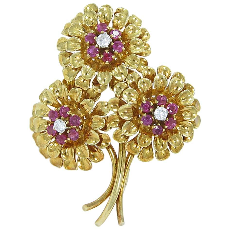 Tiffany & Co. Ruby Diamond Gold Flower Pin For Sale