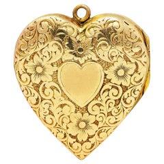 Vintage Plainville Stock Co. Art Deco 10 Karat Gold Floral Heart Locket Pendant