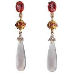 Rock Crystal Pink Topaz Ruby Diamond Gold Dangle Earrings