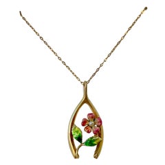 Victorian Enamel Forget Me Not Flower Pendant Necklace Horseshoe Wishbone Gold
