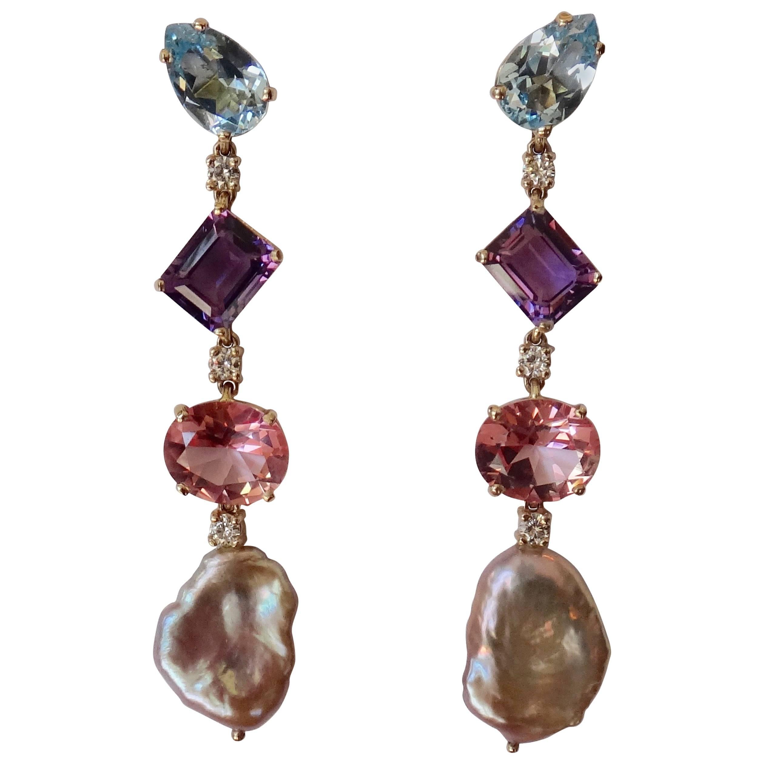 Blue and Pink Topaz Amethyst Keshi Pearl Diamond Drop Earrings