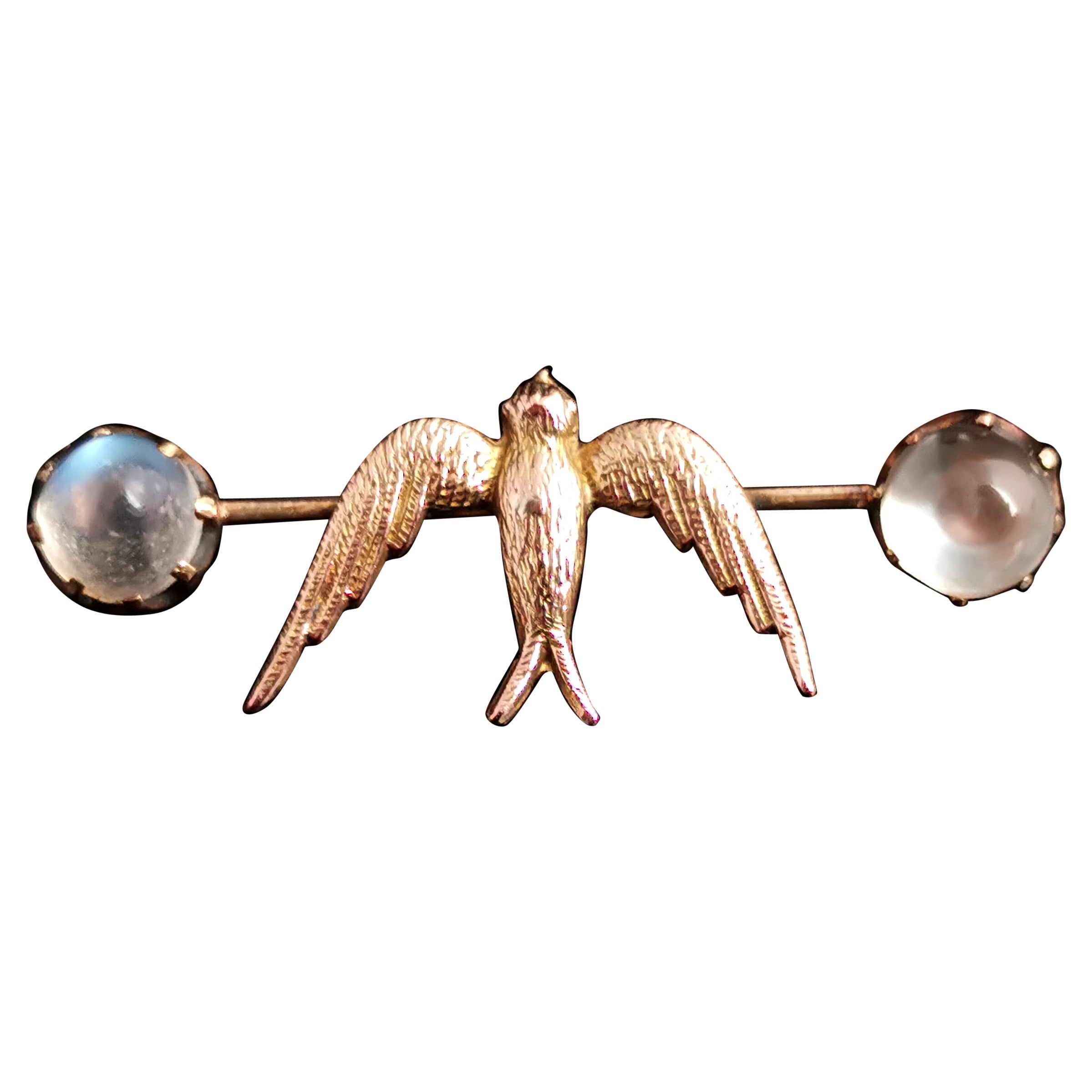 Antique Moonstone Swallow Brooch, 12k Gold, Edwardian Pin