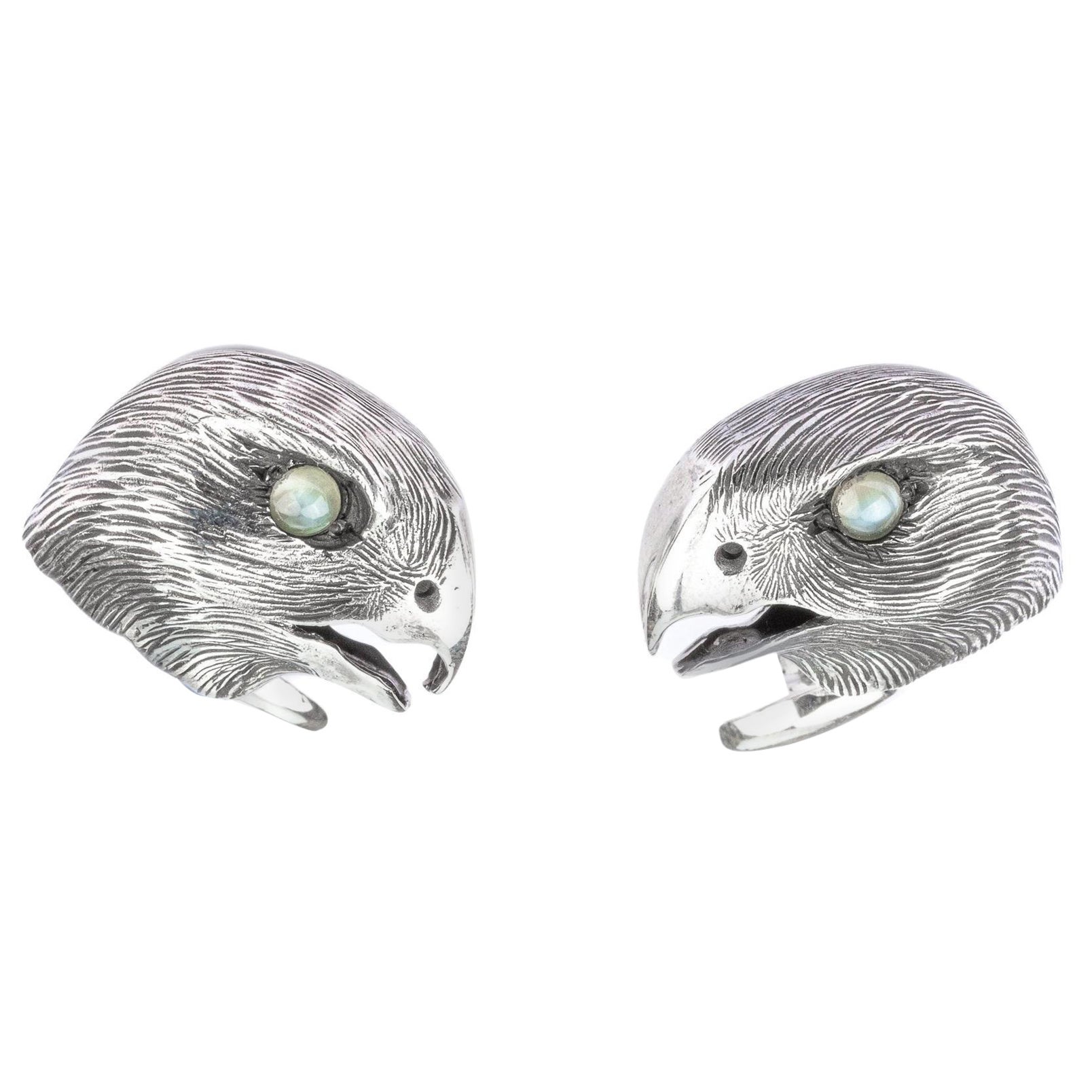 Tichu Cats Eye Falcon Face Cufflink in Sterling Silver For Sale