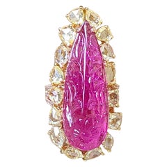 19.78 Carats, Carved Rubellite & Rose Cut Diamonds Cocktail Ring/ Pendant