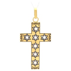 Antique French Natural Pearl and Diamond Yellow Gold Cross Pendant