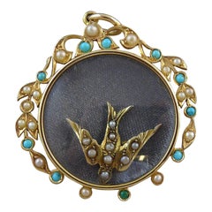 Antique Edwardian Turquoise and Pearl Locket 15 Carat Gold, Swallow Charm