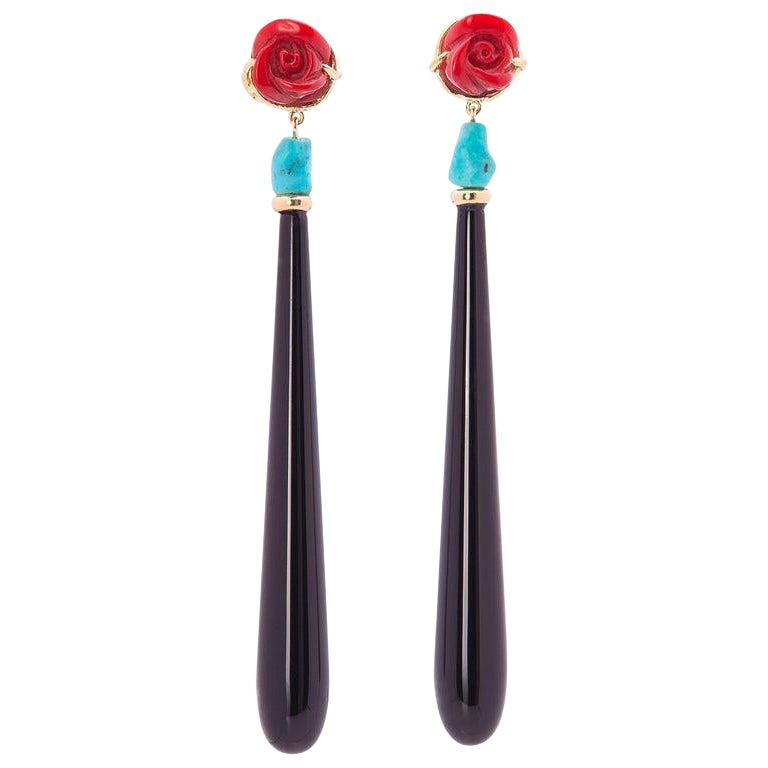 18K Yellow Gold Onyx Red Roses Flower Turquoise Dangle Drop Deco Style Earrings