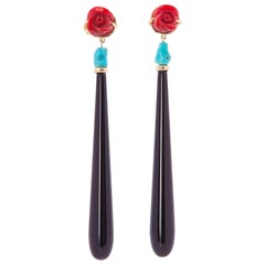 18K Yellow Gold Onyx Red Roses Flower Turquoise Dangle Drop Deco Style Earrings