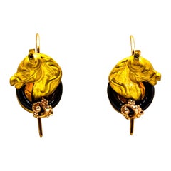 Art Nouveau Style Handcrafted Onyx Yellow Gold Stud Dangle "Horses" Earrings