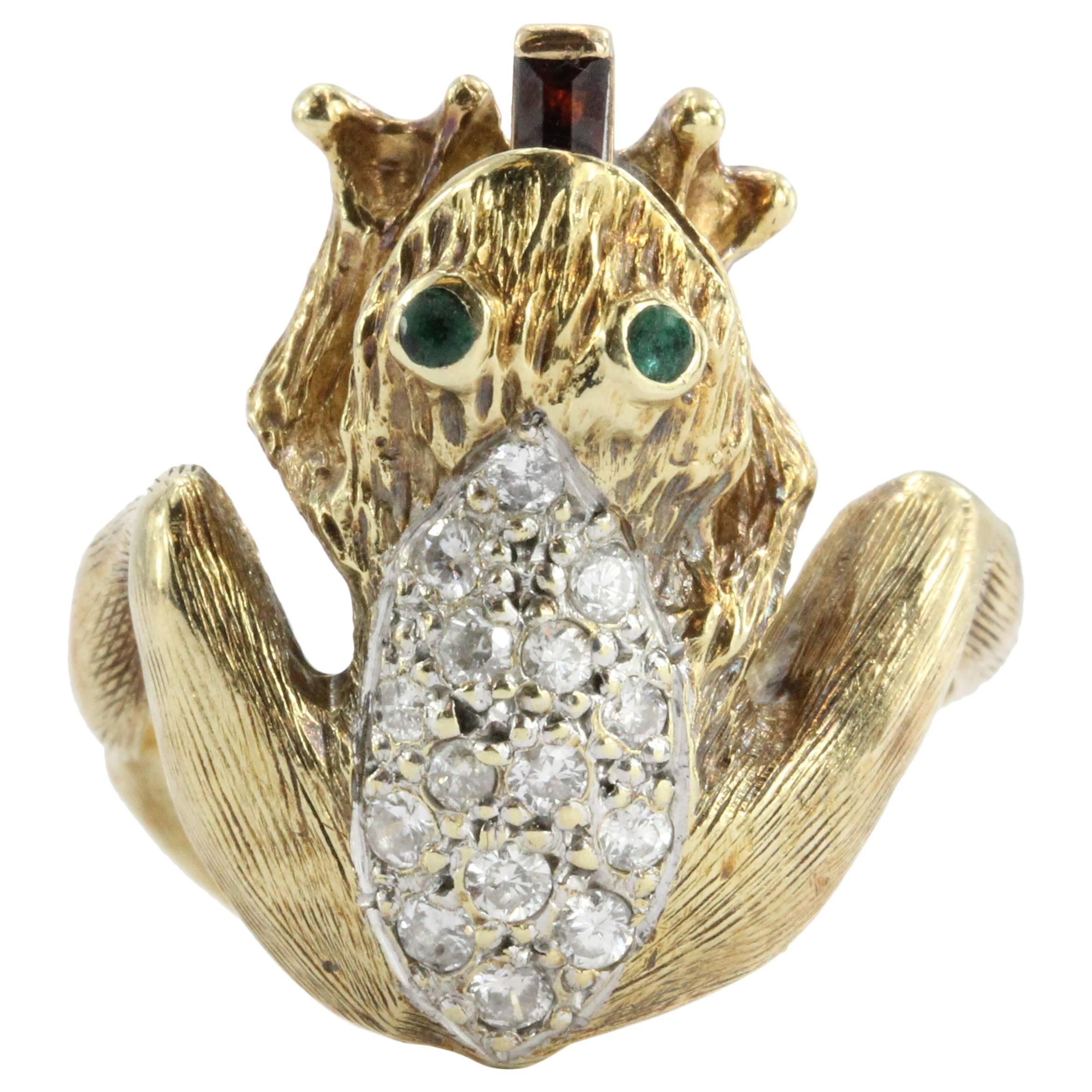 Whimsical Garnet Diamond Gold Frog Ring