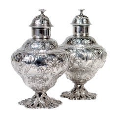 Pair of Antique Georgian English Sterling Silver Tea Caddies by Ebenezer Coker