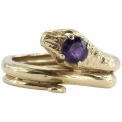 Vintage Amethyst Gold Figural Gothic Curled Coiled Snake Ring