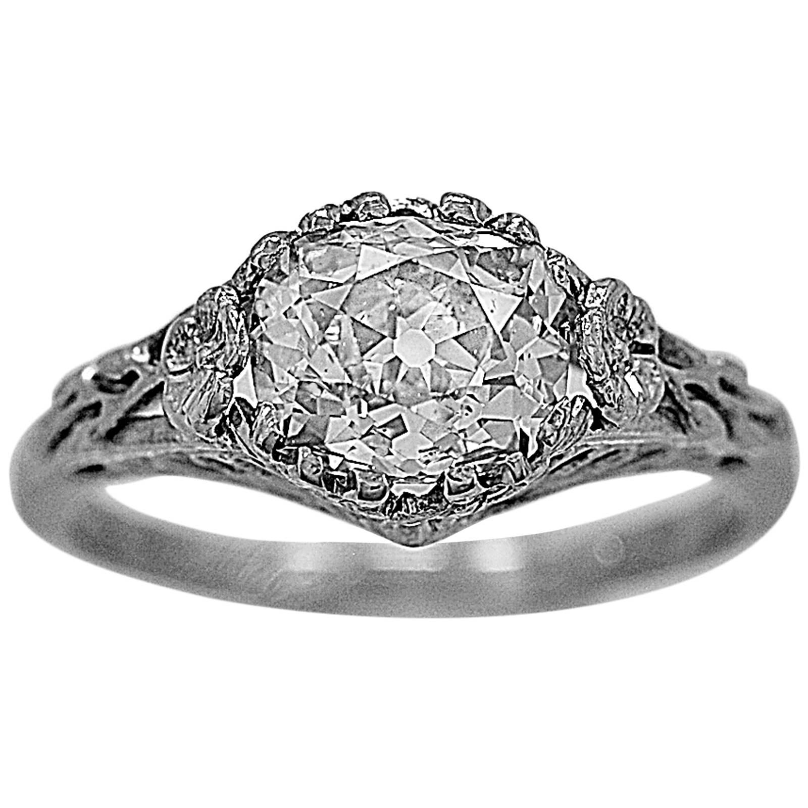Antique Engagement Ring 1.55 Carat Diamond & 18K White Gold Edwardian