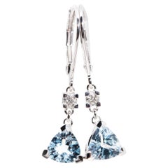 18 Carat White Gold Bright Blue Aquamarine and Diamond Drop Style Earrings
