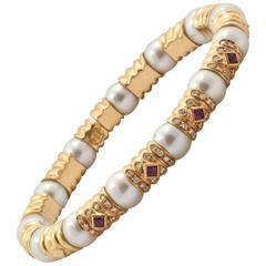 Pearl Diamond Ruby Gold Cuff Bracelet