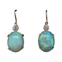 Opal and Diamond Gold Drop Earrings Estate Fine Jewelry