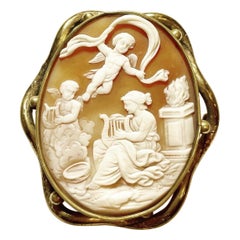 19th Victorian Mythology Motif Cameo 9K Yellow Gold Shell Intaglio Brooch