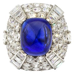 Vintage 9.10 Carat Sapphire, Diamond and Platinum Bombe Ring, circa 1960