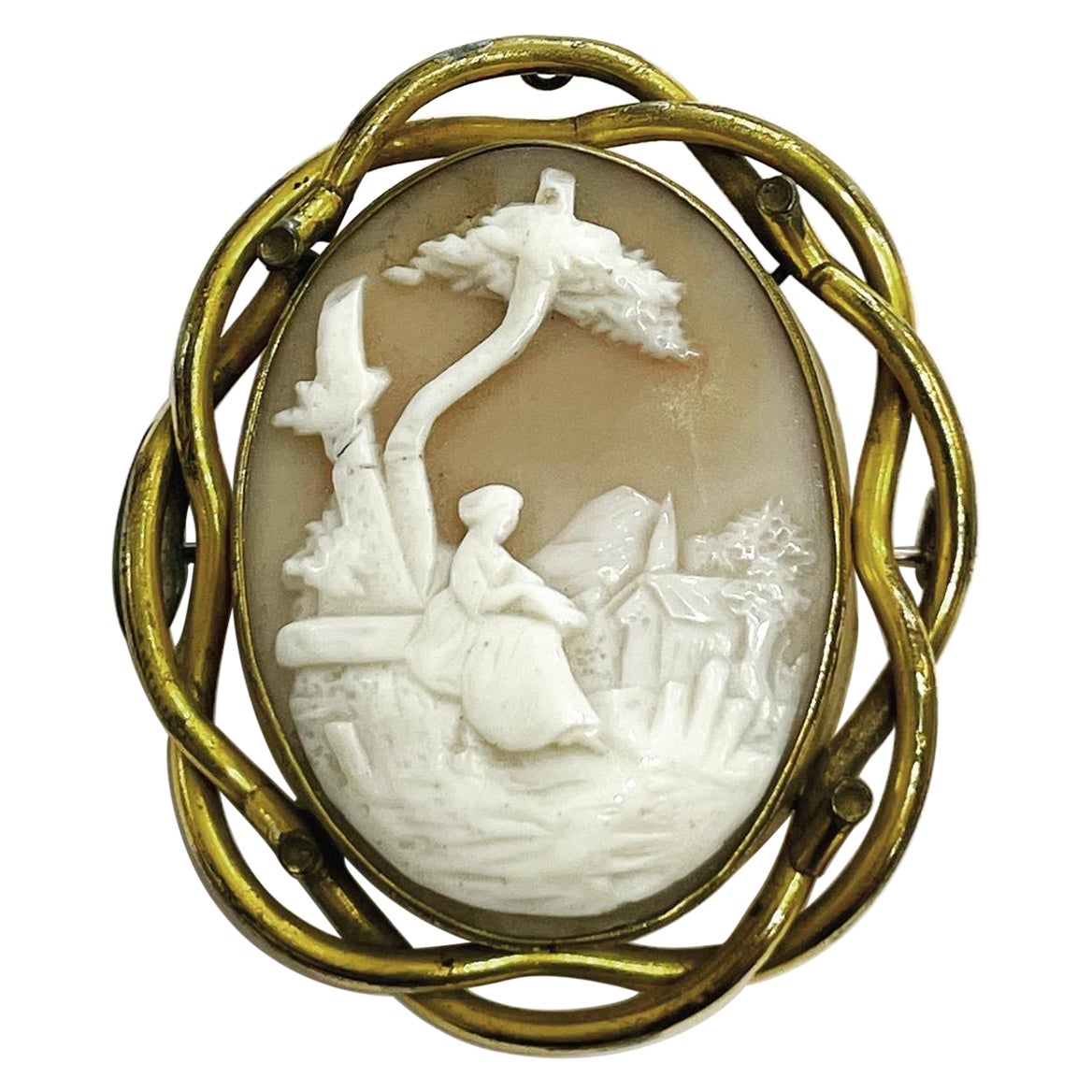  Victorian Bucolic Motif Cameo 9K Yellow Gold Shell Intaglio Brooch For Sale