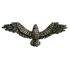 Rose Cut Diamond, Tsavorite Ruby 18k Yellow Gold Silver Bird Eagle Brooch